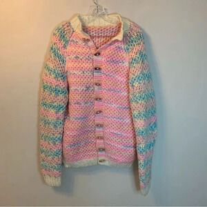 Handmade  Pink Blue Crocheted Oversized Button Front Cardigan XL